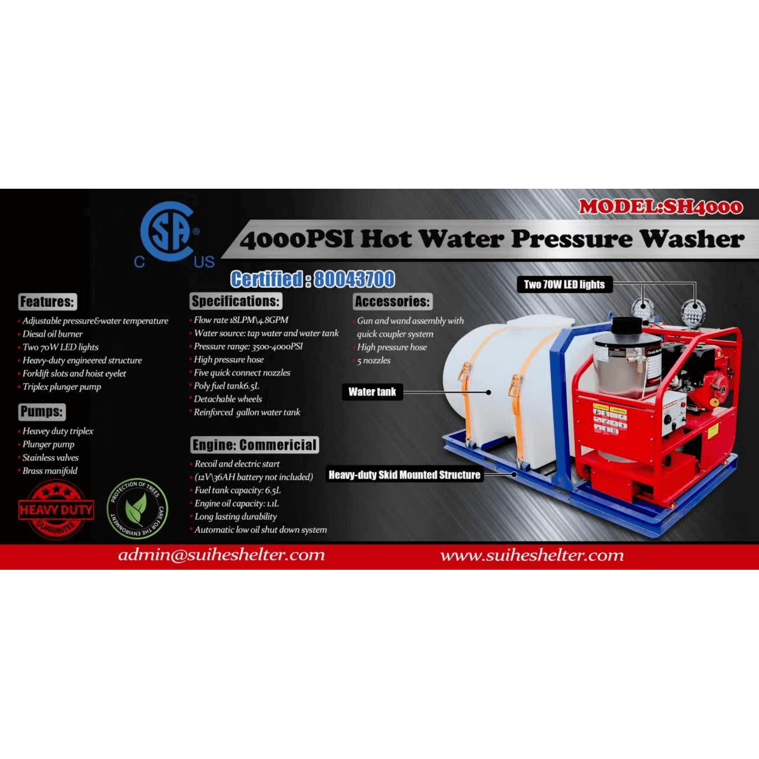 4000 PSI Commercial Hot Water Pressure Washer with Water Tank